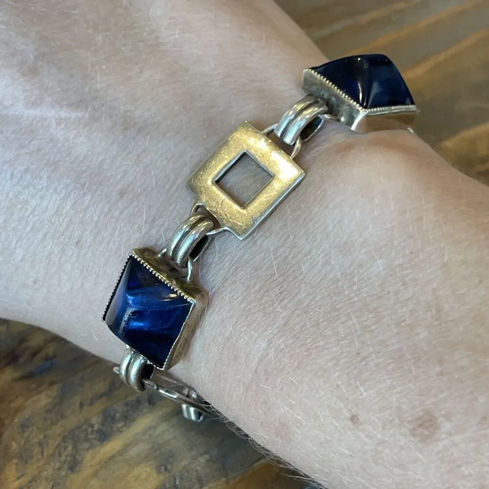 Vintage Art Deco Sterling Silver & Blue Glass Sugarloaf Cabochon Bracelet 8